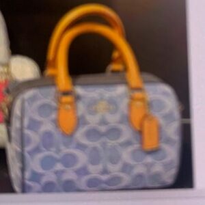 Blue Pattern Satchel with Tan Leather Handles denim Rowan coach